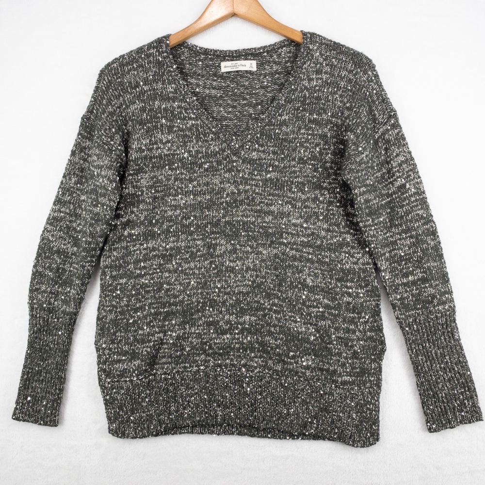 Abercrombie & Fitch Sweater Womens M Green Sparkly Sequin V Neck Holiday Sweater